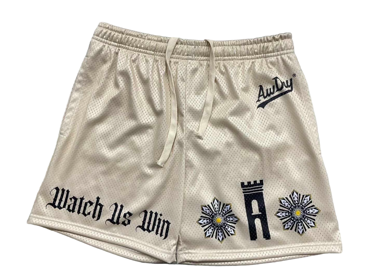 AwDay “WATCH US WIN” mesh shorts w/ drawstring